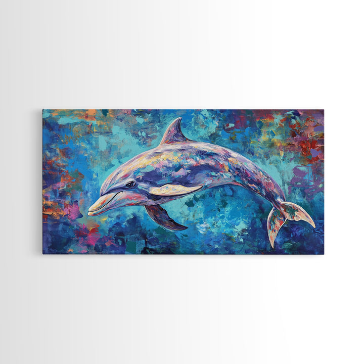 Dolphin Painting, blue and green wall art, coastal decor, nautical painting, framed canvas print, whimsical art, ocean wall art
