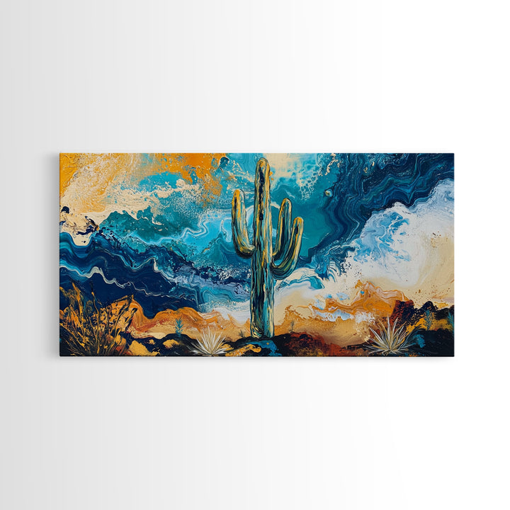 Cactus Desert Art, southwest wall art, Joshua tree art, moody art, rustic decor, extra wide art, panoramic art, Framed Canvas Print