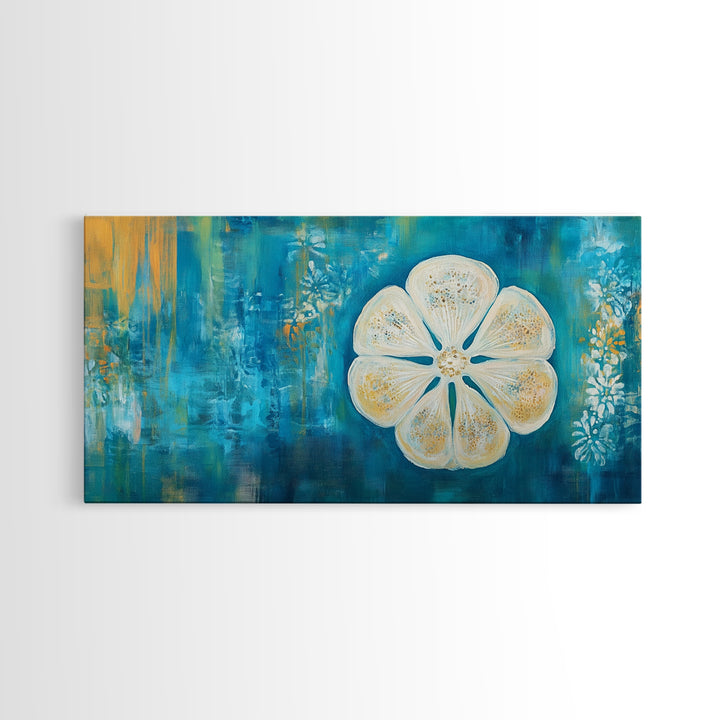 Abstract Floral, Botanical Prints, Coastal Landscape Art, Wabi Sabi Art, Framed Canvas Print, Extra Wide Art, Blue and Gold Wall Art