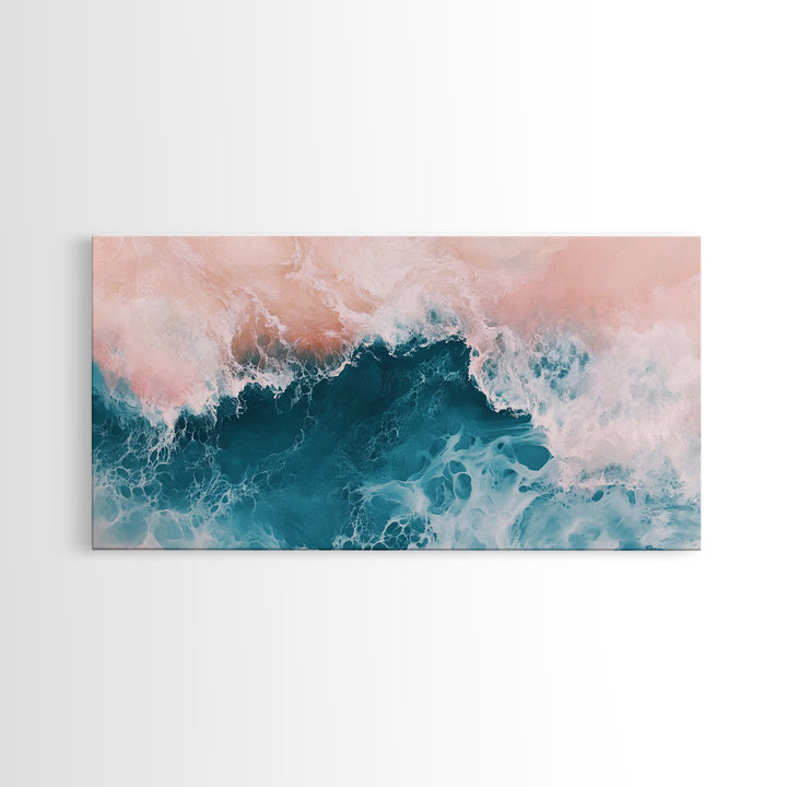 Abstract Ocean, Coastal Landscape Art, Nautical Wall Art, Framed Canvas Print, Teal and Pink Art, Surf Inspired Artwork