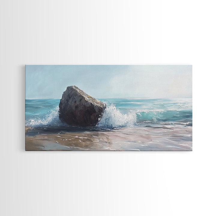 Ocean Rock Painting, seascape painting, coastal decor, nautical wall art, above bed wall art, horizontal art, canvas print
