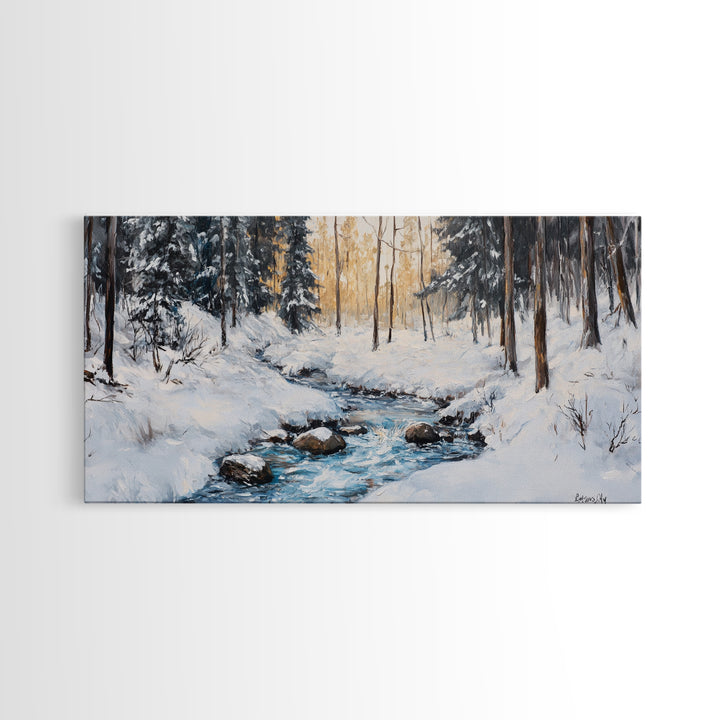 Birch Tree Painting, Snowy River Art, Winter Landscape, Framed Canvas Print, Farmhouse Art, Wabi Sabi Art, Tall Narrow Art