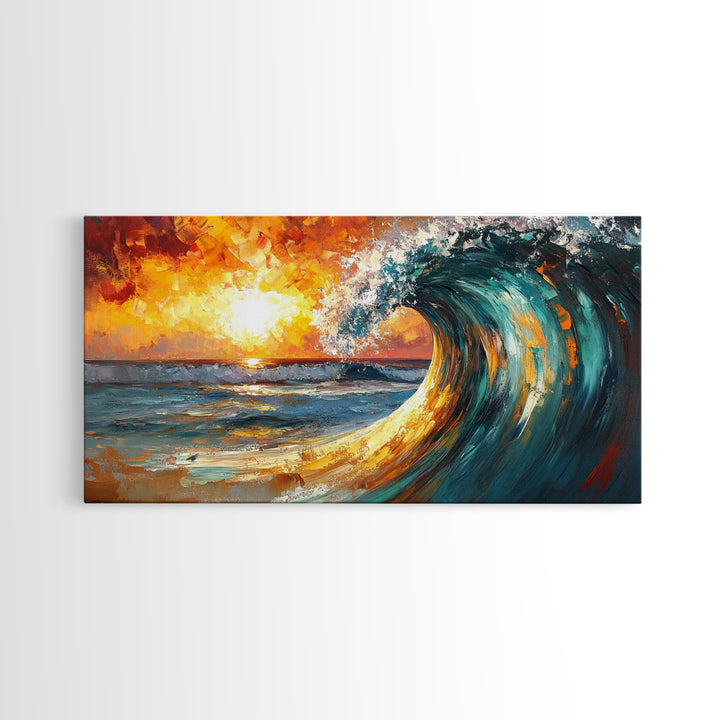 Ocean wave, sunset surf, seascape painting, framed canvas print, surf wall art, nautical painting, coastal decor