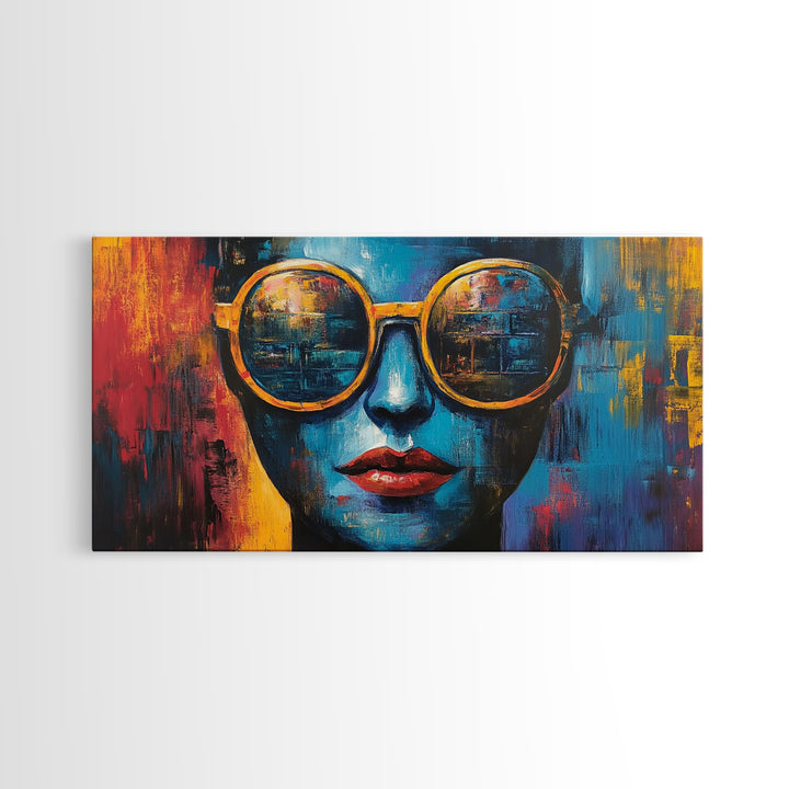 Bold Sunglasses Portrait, graffiti wall art, moody art, chicano art, abstract portrait, pop art decor, gift idea her, Canvas Print