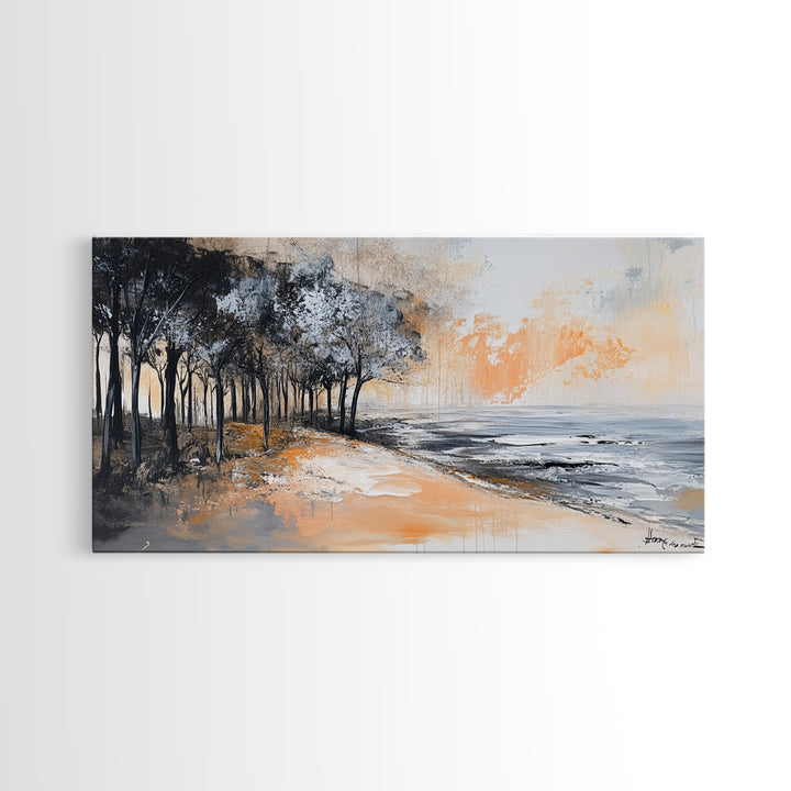 Coastal Landscape, Framed Canvas Print, beach painting, ocean wall art, panoramic painting, extra wide art, above sofa art