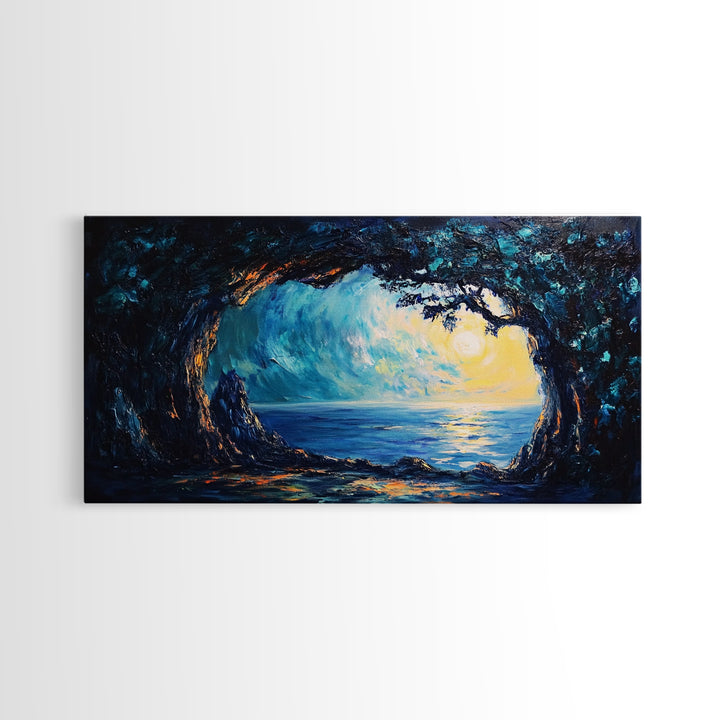 Ocean Cave, Framed Canvas Print, nautical wall art, coastal painting, extra wide painting, seascape painting, panoramic wall art