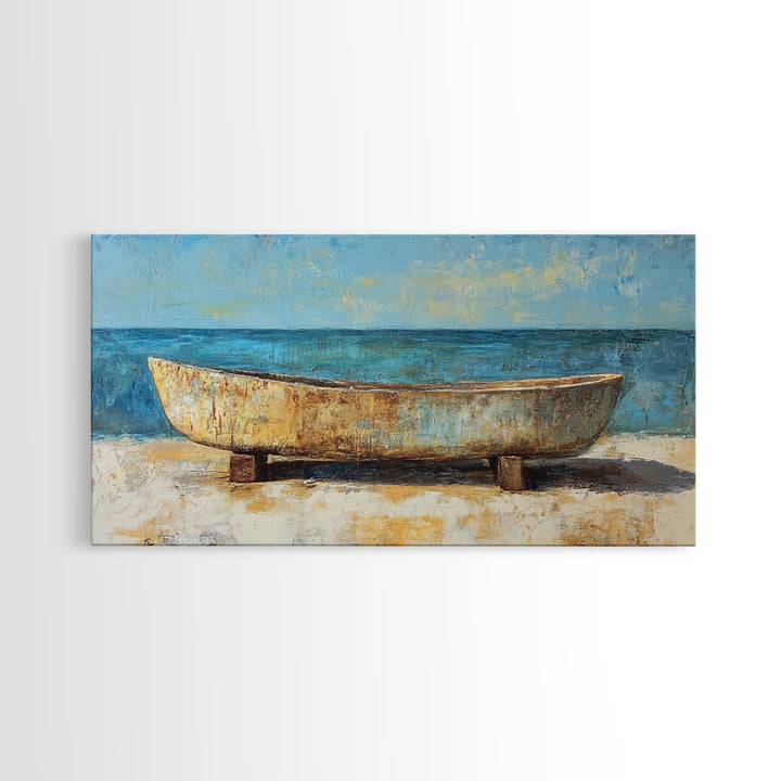 Rustic Boat, Framed Canvas Print, coastal wall art, nautical decor, rustic art, extra wide painting, panoramic painting