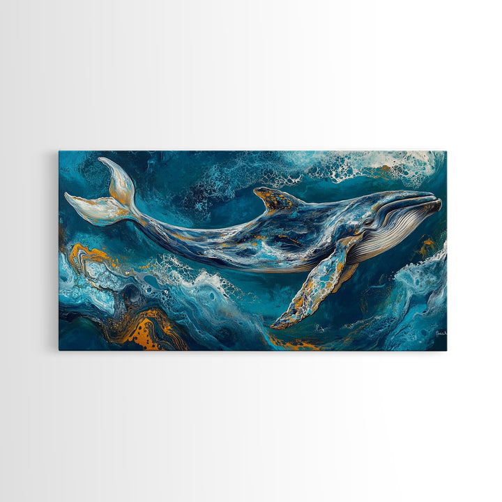 Blue whale, ocean waves, Canvas Print, whale painting, nautical decor, coastal wall art, seascape painting, extra wide art