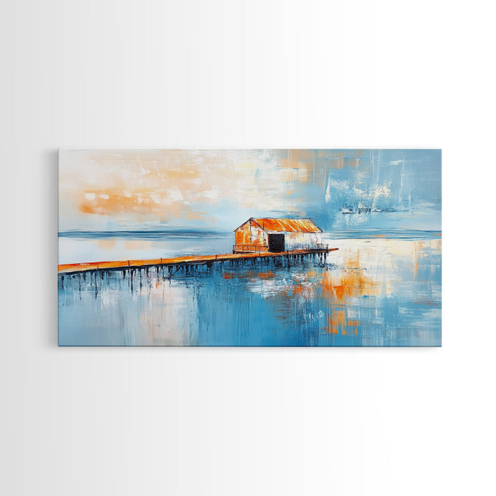 Dock, rustic barn, reflection, Canvas Print, barn landscape oil painting, coastal decor, nautical painting, panoramic art