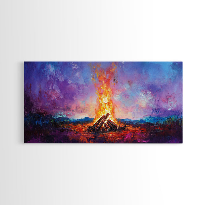 Campfire painting, rustic decor, boho art, mountain painting, cozy fire, scenic landscape, extra wide art, framed canvas print, warm glow