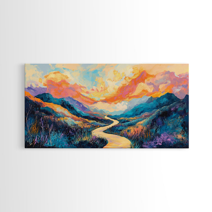 Abstract Landscape, Vibrant Sunset, Mountain Painting, Canvas Print, Extra Wide Art, Panoramic Art, Bedroom Art, Above Sofa Art