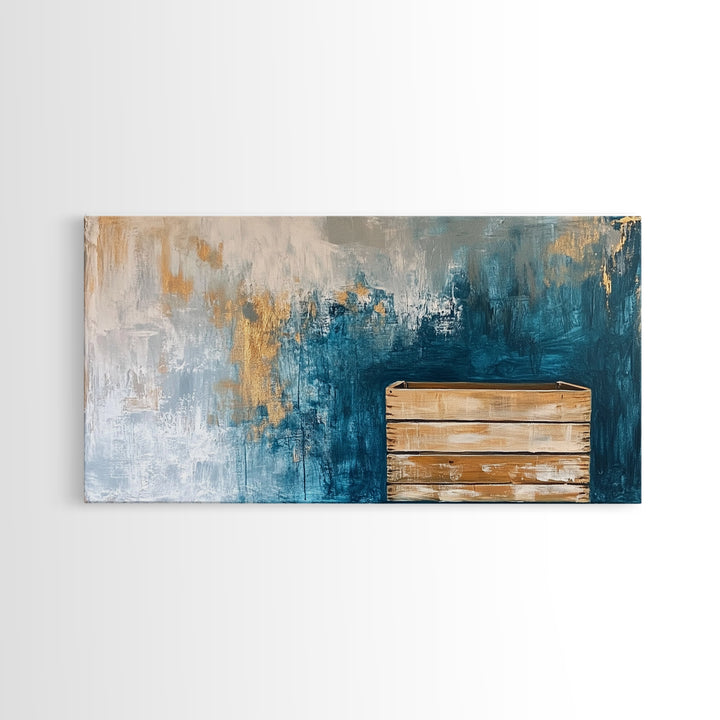 Abstract Rustic Art, Blue Gold Textured, Canvas Print, Wabi Sabi Art, Minimalist Art, Therapy Art, Extra Wide Art, Modern Decor