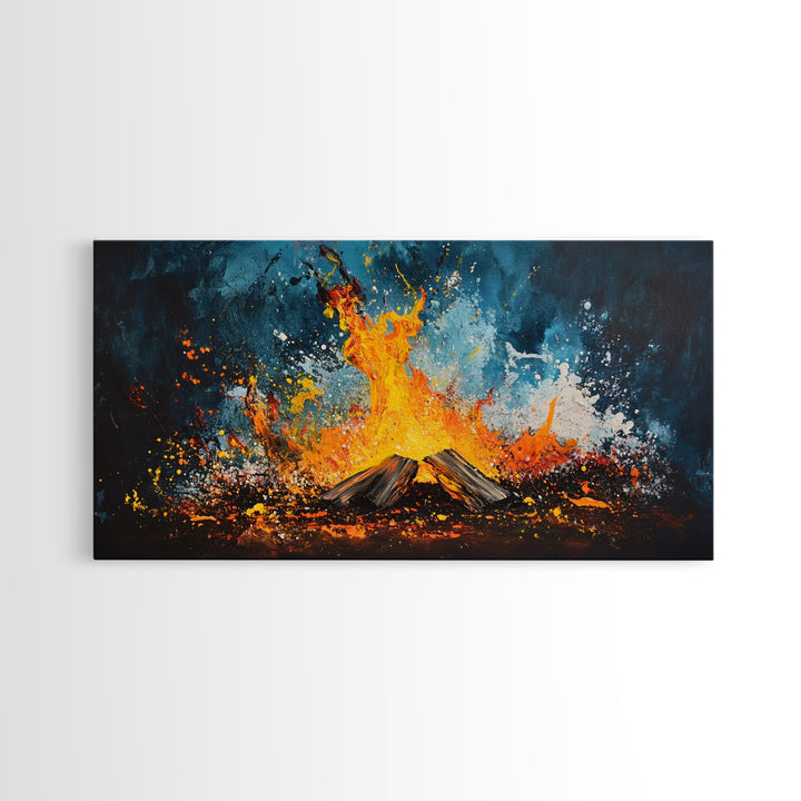 Abstract fire, moody art, geometric wall art, boho decor, flame painting, rustic wall art, extra wide art, framed canvas print, teal wall art