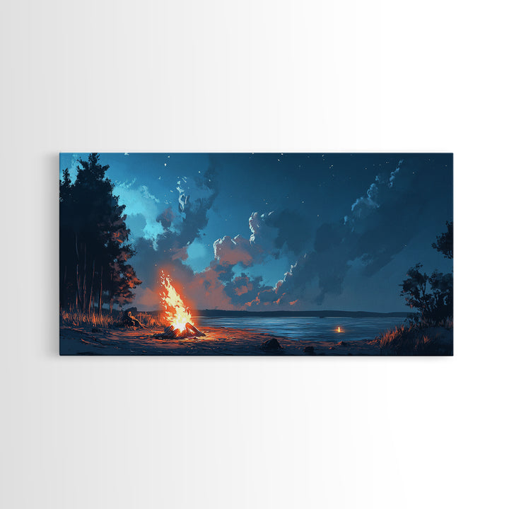 Campfire by lake, coastal decor, nautical wall art, scenic night, moody painting, extra wide art, panoramic art, canvas print, above sofa art