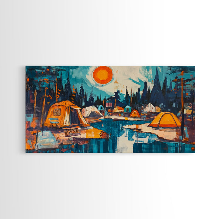 Camping painting, rustic wall art, pine tree art, mountain painting, nature lovers, warm glow, framed canvas print, wabi sabi art, moody art