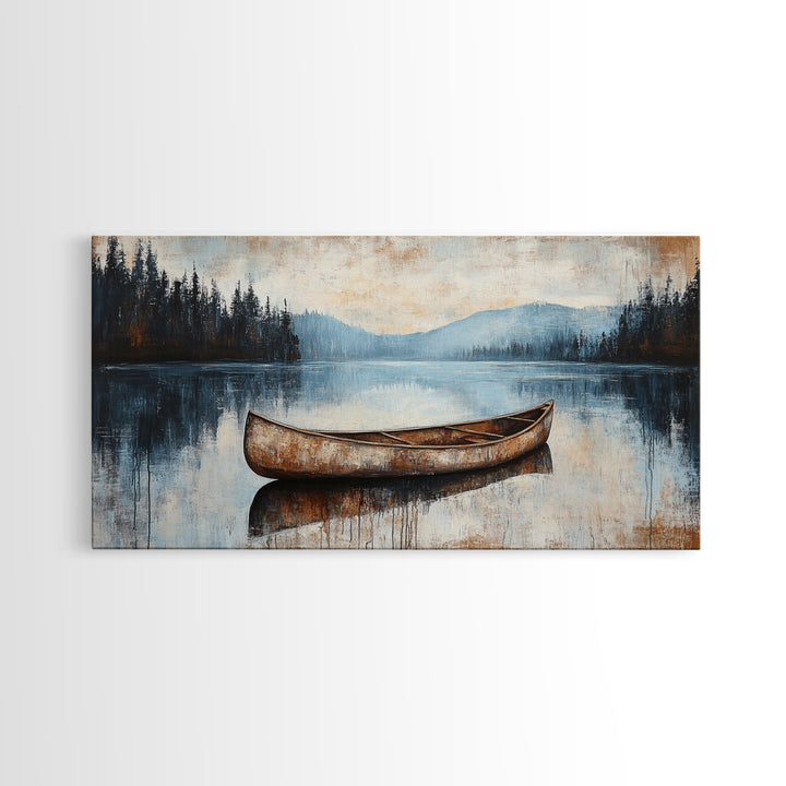 Canoe painting, lake decor, mountain painting, rustic wall art, serene landscape, farmhouse art, extra wide art, framed canvas print, nautical