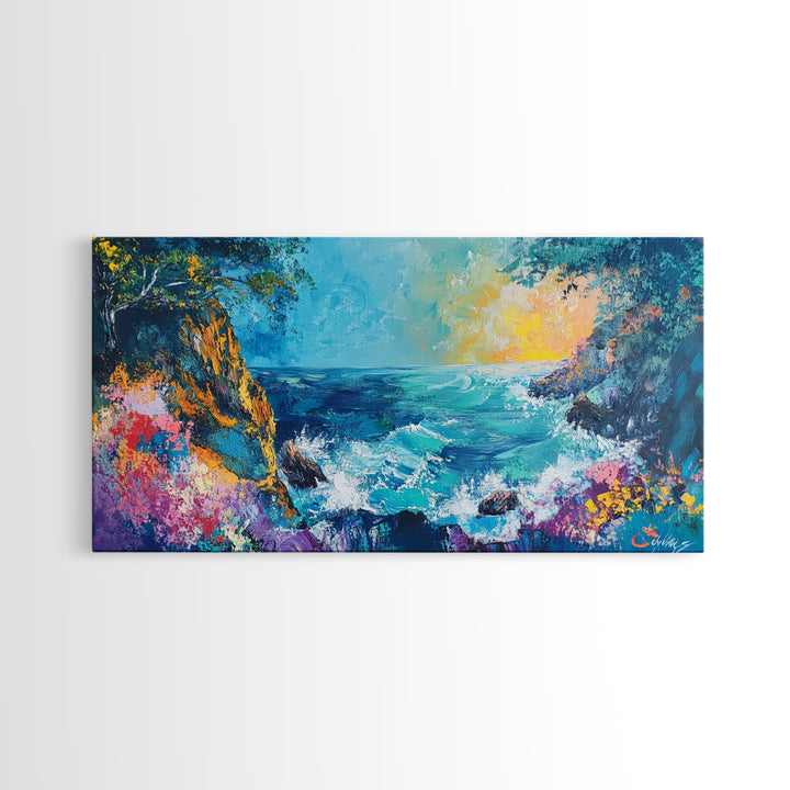 Coastal Cliff, vibrant ocean painting, surf wall art, Hawaii art, seascape painting, colorful beach art, Framed Canvas Print, extra wide art