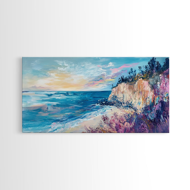 Coastal Cliffs, Sunset Ocean View, Seascape Wall Art, Coastal Landscape Art, Nautical Decor, Framed Canvas Print, Extra Wide Art