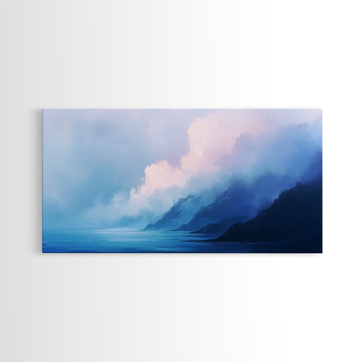 Blue Mountain Mist, Moody Landscape, Coastal Landscape Art, Minimalist Art, Extra Wide Art, Framed Canvas Print, Living Room Art