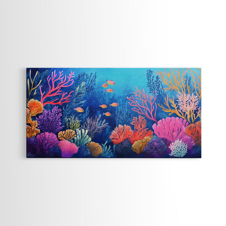 Coral Reef, ocean painting, whimsical art, koi fish painting, marine life art, vibrant wall art, coastal decor, Framed Canvas Print