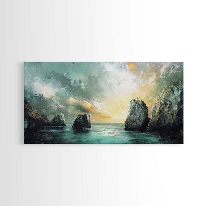 Ocean Cliffs, landscape painting, nautical wall art, moody art, wabi sabi art, extra wide art, textured art, Framed Canvas Print
