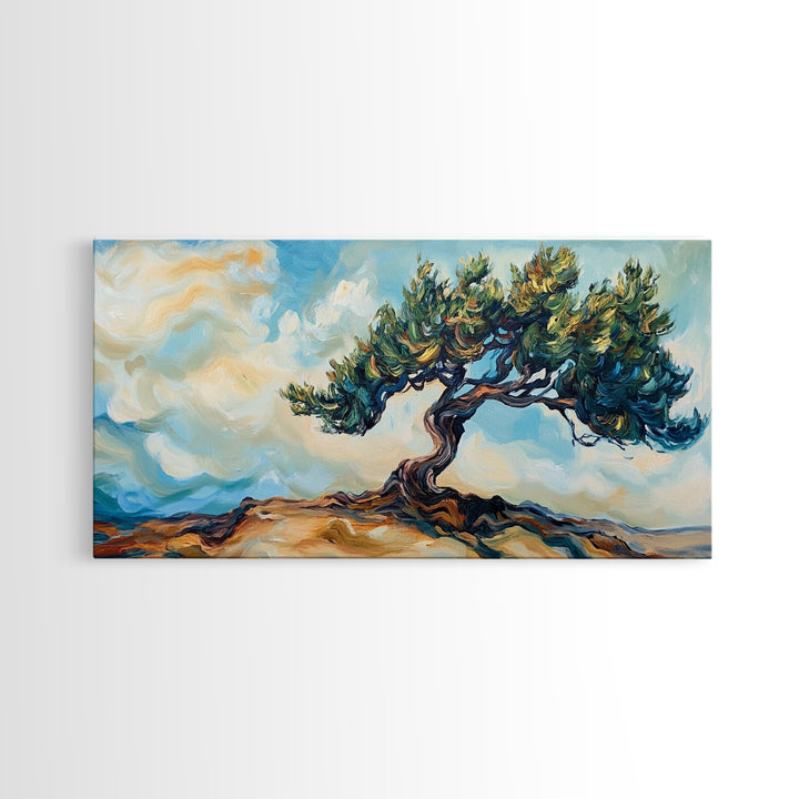 Oak Tree Art, Landscape Painting, Windy Tree Art, Wabi Sabi Art, Rustic Wall Art, Nature Wall Art, Living Room Art, Framed Canvas Print