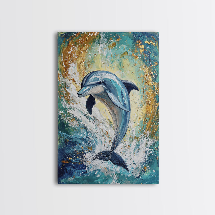 Dolphin, ocean painting, coastal wall art, nautical painting, framed canvas print, blue and green wall art, sea life decor
