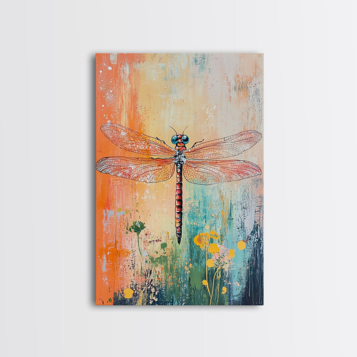 Dragonfly, botanical prints, whimsical art, light pink wall art, framed canvas print, nature art, boho decor, insect artwork