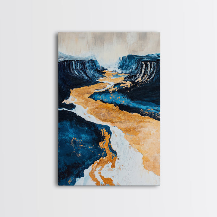 River, landscape painting, panoramic painting, wabi sabi art, framed canvas print, extra wide art, moody art, gold abstract art