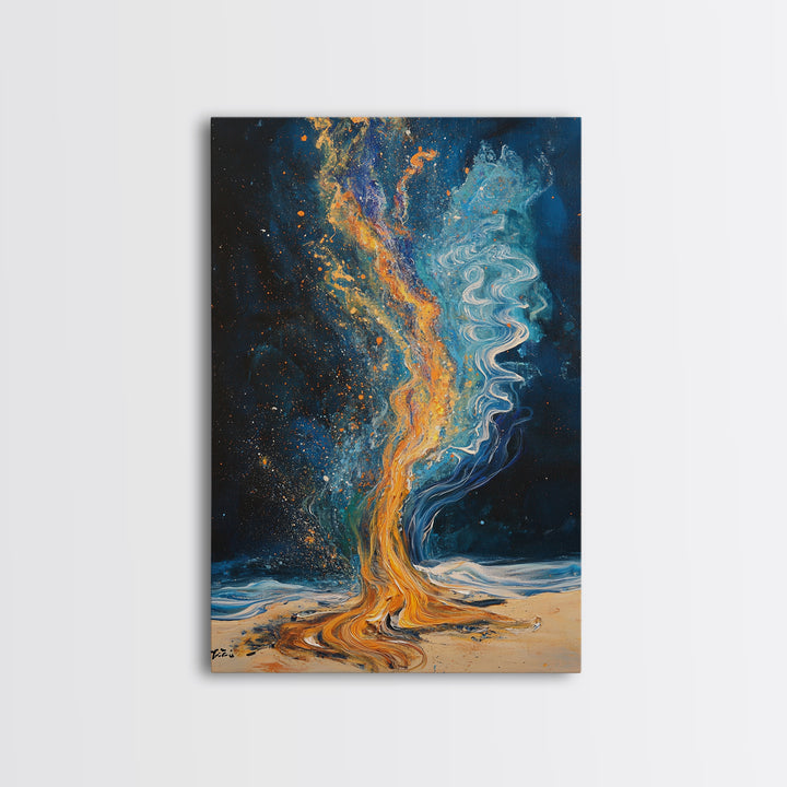 Fire and water, moody art, sacred geometry wall art, phoenix metal art, framed canvas print, abstract cosmic painting, mystical decor