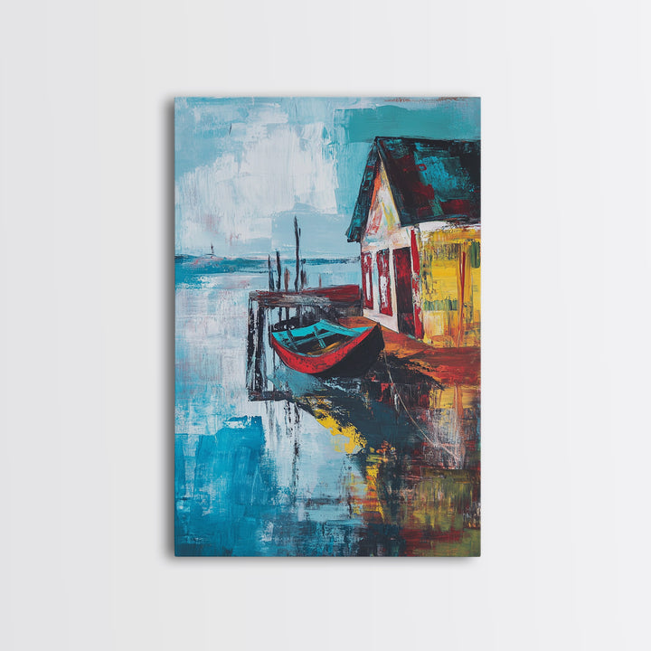 Rustic Boat Painting, Fishing Village Art, Coastal Landscape, Nautical Decor, Rustic Wall Art, Framed Canvas Print