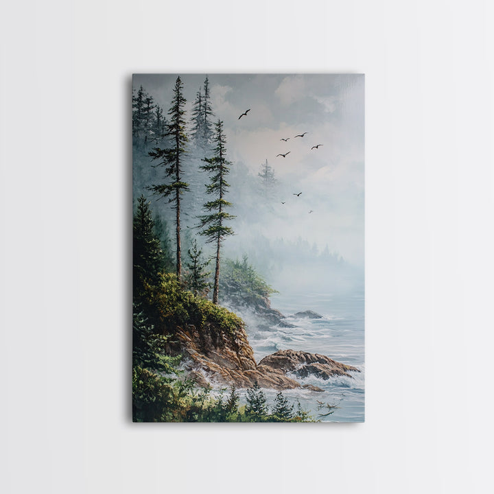 Coastal Cliff, ocean waves, pine tree art, landscape painting, coastal wall art, rustic decor, framed canvas print, nautical art