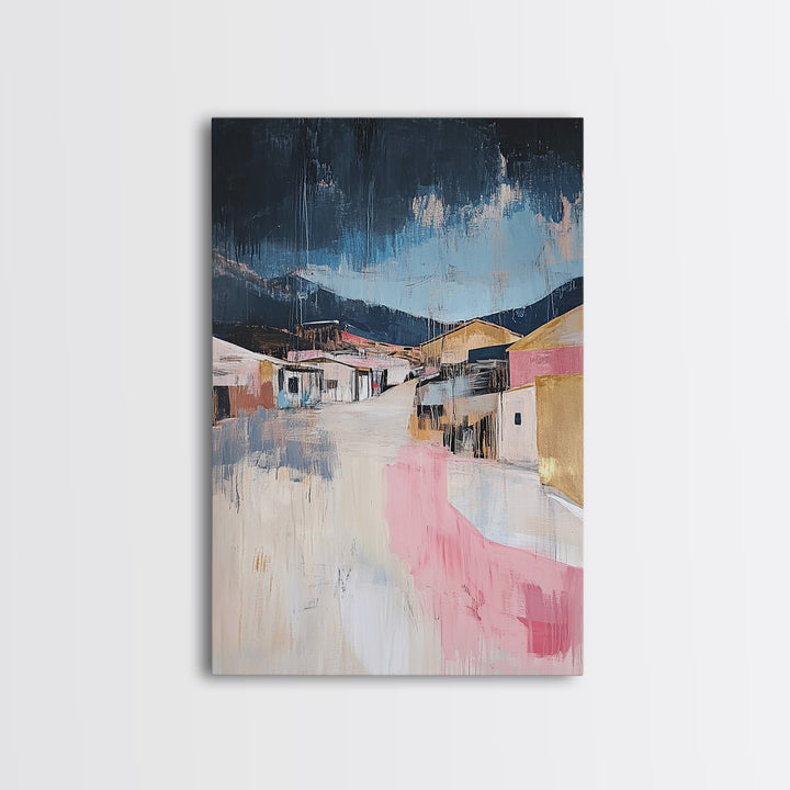 Desert Village, southwest wall art, moody art, warm tones, rustic decor, Joshua tree art, framed canvas print, abstract landscape