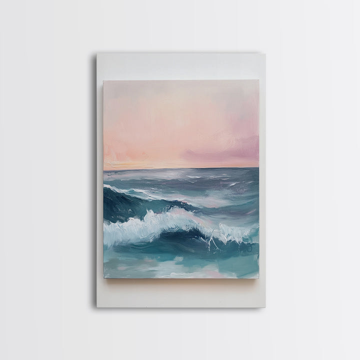 Ocean Sunset Waves, coastal decor, nautical painting, pink orange wall art, coastal landscape art, Canvas Print