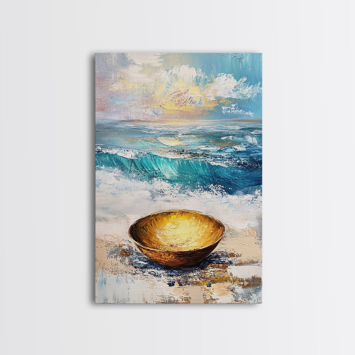Ocean and Golden Bowl, coastal decor, nautical wall art, rustic wall art, abstract painting, seascape painting, Canvas Print