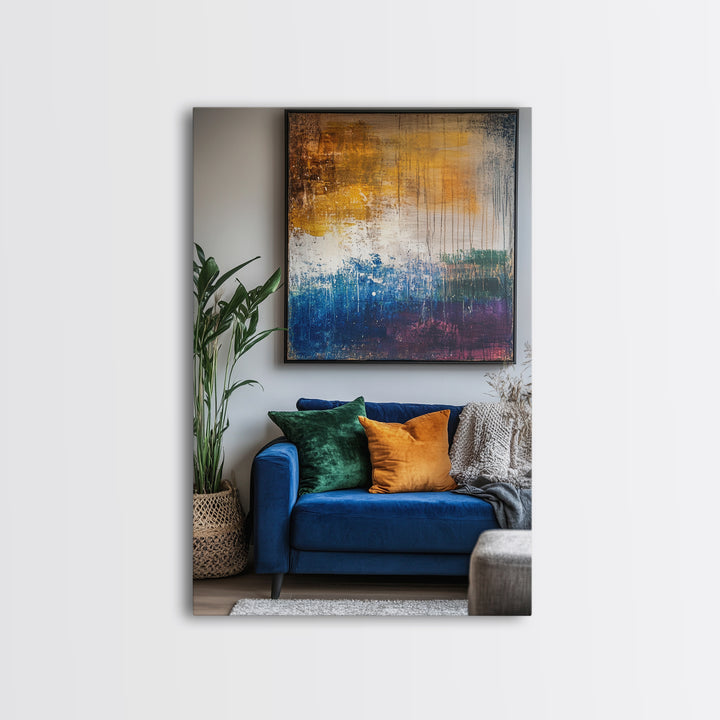 Abstract Color Drip, moody art, pink orange wall art, geometric wall art, bold living room art, Framed Canvas Print