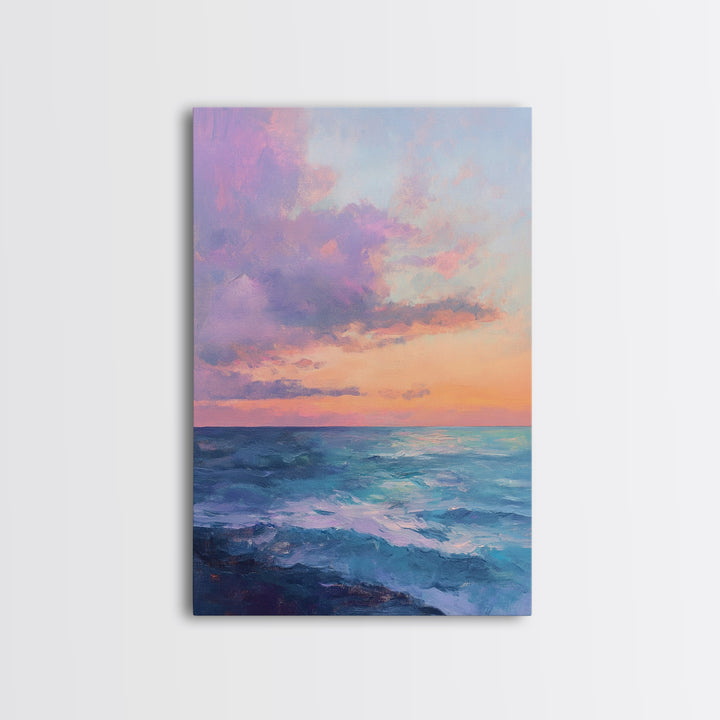 Ocean Sunset View, coastal landscape art, pink orange wall art, seascape painting, framed canvas print, bedroom art, nautical decor