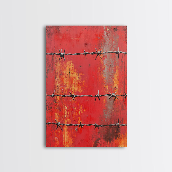 Barbed Wire, Chicano Art, Industrial Wall Art, Rustic Decor, Moody Art, Red Abstract Art, Framed Canvas Print, Gift Idea