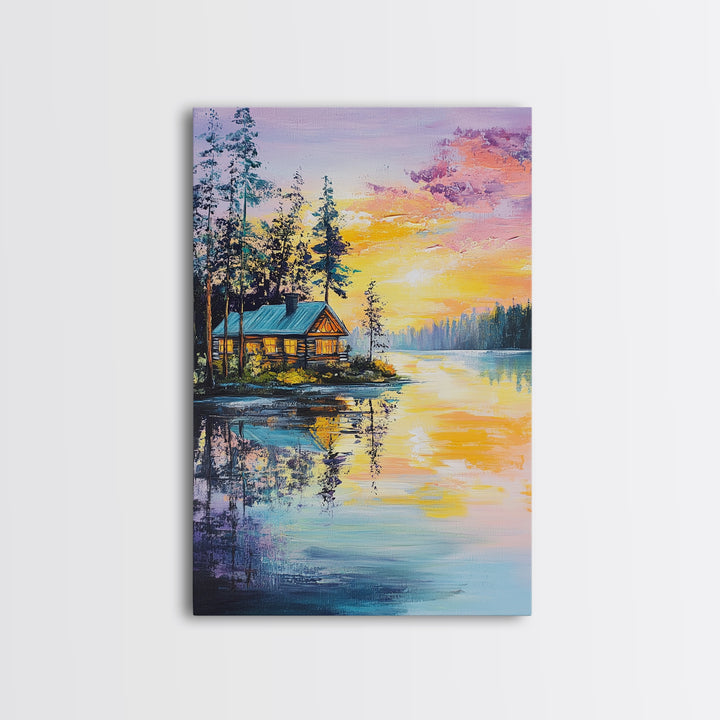 Cabin, Lake, Sunset, Framed Canvas Print, landscape painting, rustic wall art, above bed wall art, pine tree art, above sofa art