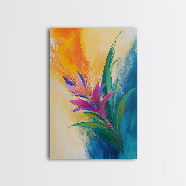 Bird of Paradise, Floral, Vibrant, Framed Canvas Print, botanical prints, tropical art, wildflower painting, boho art, pink orange wall art