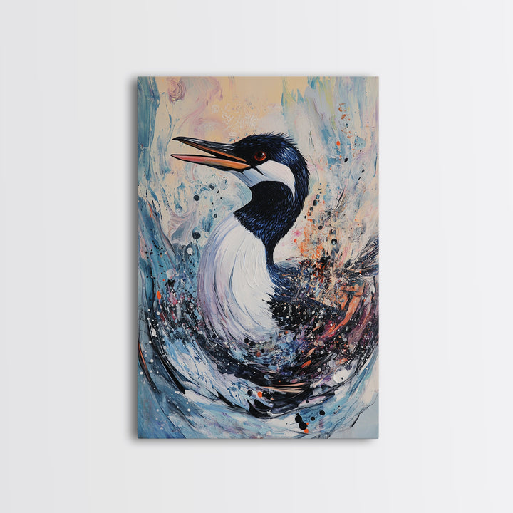 Abstract Loon, bird art, teal wall art, moody art, coastal decor, nautical painting, gift idea for her, Canvas Print, living room art