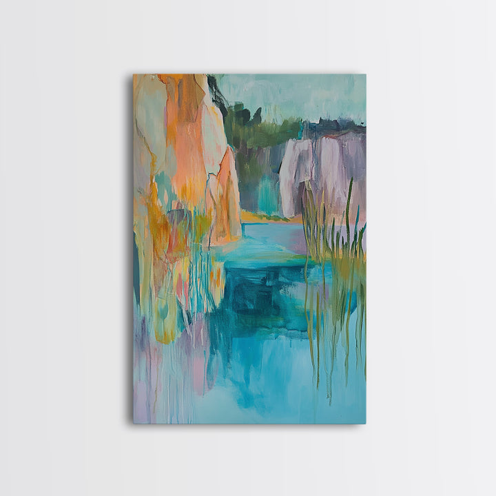 Abstract Landscape, blue and green wall art, horizon painting gray white, rustic art, gift idea for her, Framed Canvas Print