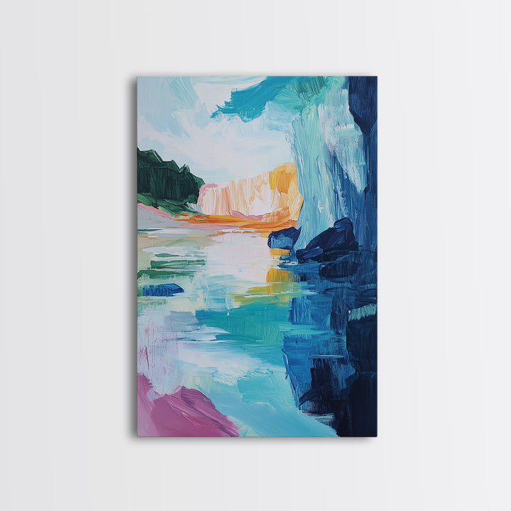 Canyon Lake, landscape painting, southwest wall art, moody art, blue and green wall art, extra wide art, Canvas Print, seascape painting