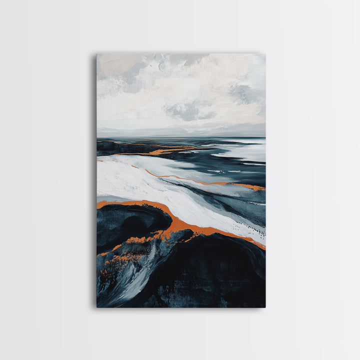 abstract seascape painting, blue and green wall art, modern coastal decor, wabi sabi art, Framed Canvas Print, extra wide art, moody art