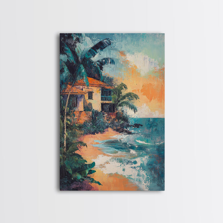 Coastal House, Tropical Art, Nautical Wall Art, Seascape Painting, Canvas Print, Palm Tree Art, Rustic Decor, Coastal Cowgirl Wall Art