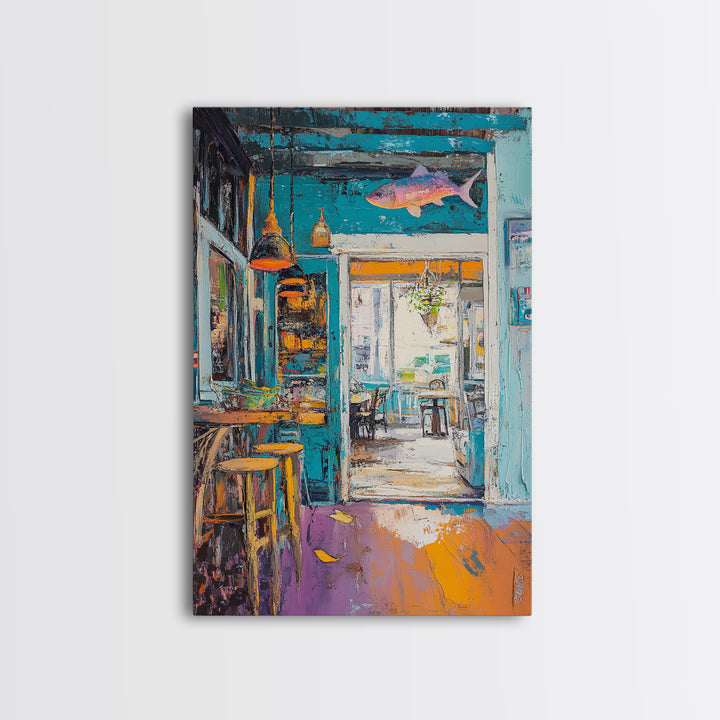 Rustic Bar Painting, Food Review Kitchen Art, Coastal Landscape Art, Canvas Print, Whimsical Art, Nautical Decor, Living Room Art
