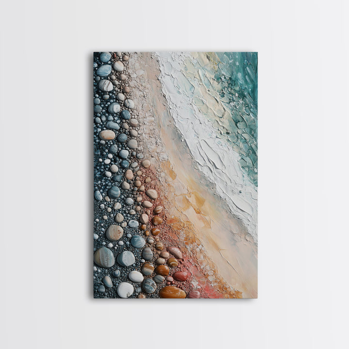 Pebble Beach, coastal painting, nautical decor, wabi sabi art, abstract seascape, textured wall art, ocean print, canvas print