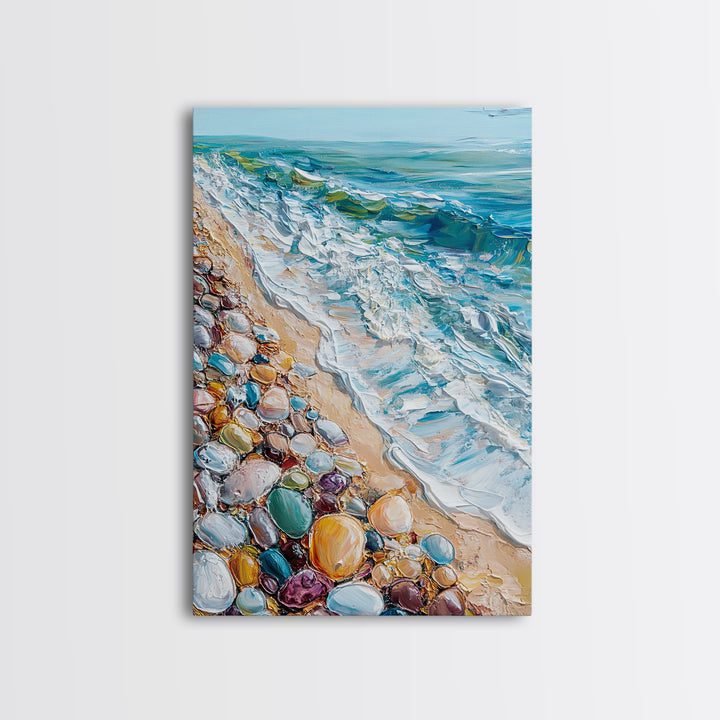 Ocean Shore, beach painting, coastal landscape art, nautical wall art, living room art, abstract seascape, framed canvas print