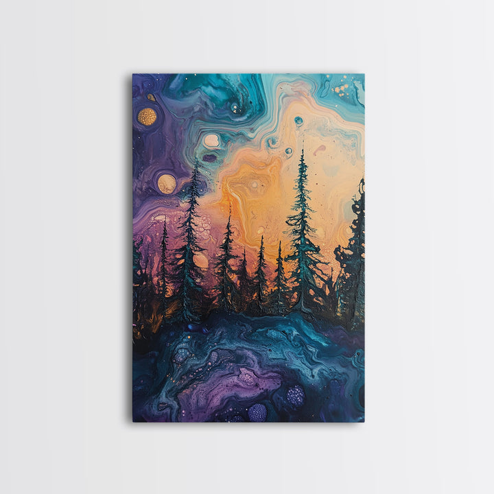 Cosmic Trees, forest at dusk painting, pine tree art, fantasy landscape, moody art, celestial wall art, mystical art, canvas print