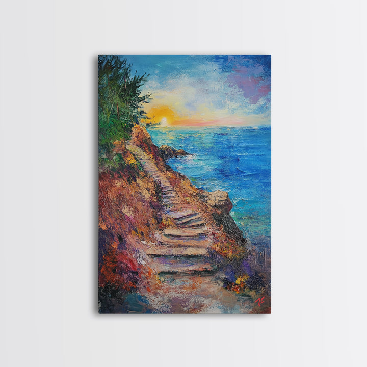 Coastal Path, landscape painting, nautical wall art, above sofa art, rustic decor, ocean view art, textured painting, canvas print